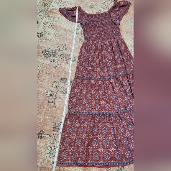 Max Studio Smocked On or Off Shoulder Red Print Tiered Boho Maxi Dress Size S - Picture 12 of 12